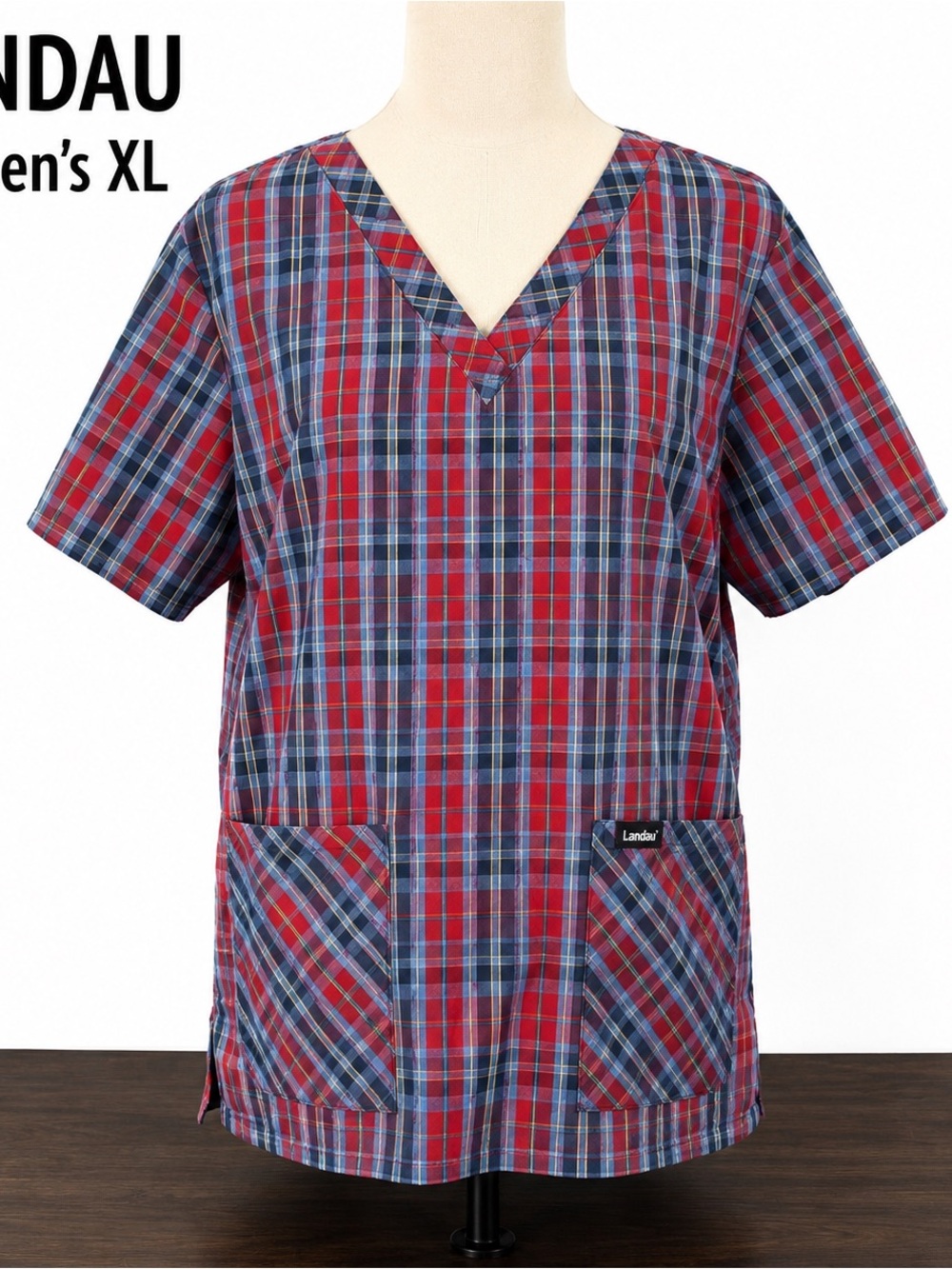 Landau Plaid Scrub Top XL Red Blue V-Neck 3 Pocket Medical Uniform